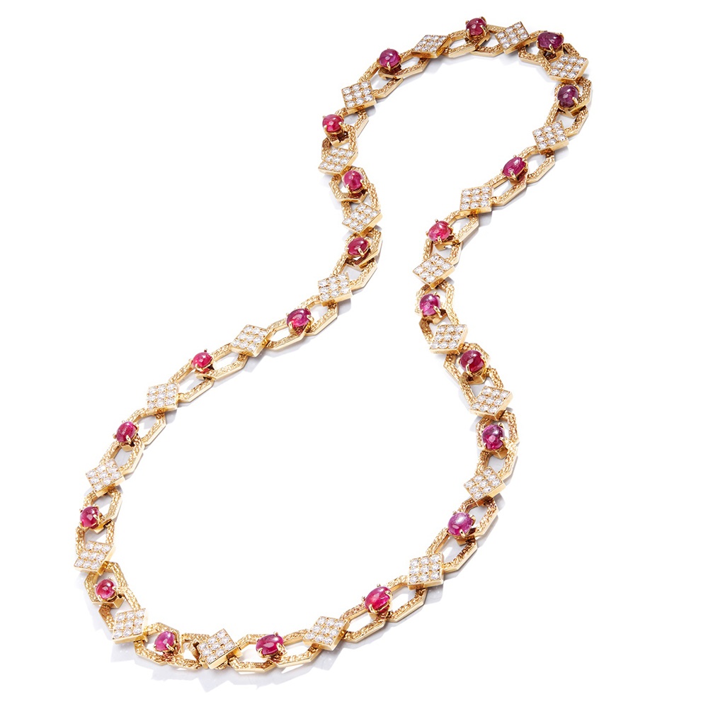 A ruby and diamond-set necklace, bracelet and pair of earrings, by M. Gerard, 1970s